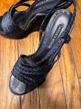 Alice + Olivia Black Braided Wedge Sandals with Ankle Tie